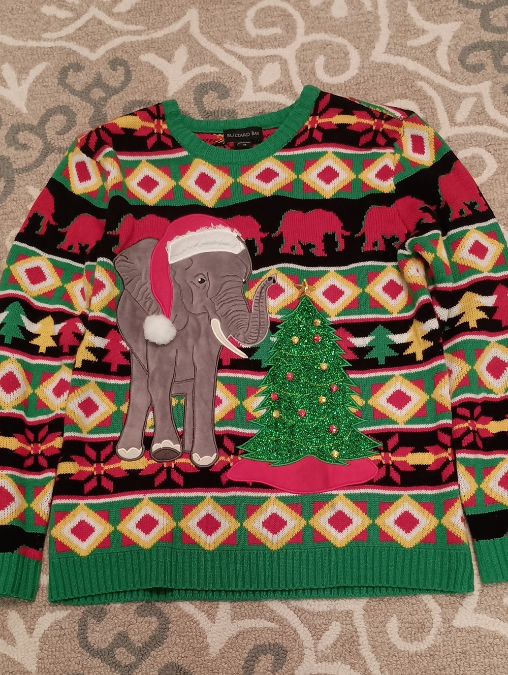 Blizzard Bay Green Multi-Color Holiday Sweater with Elephant & Tree
